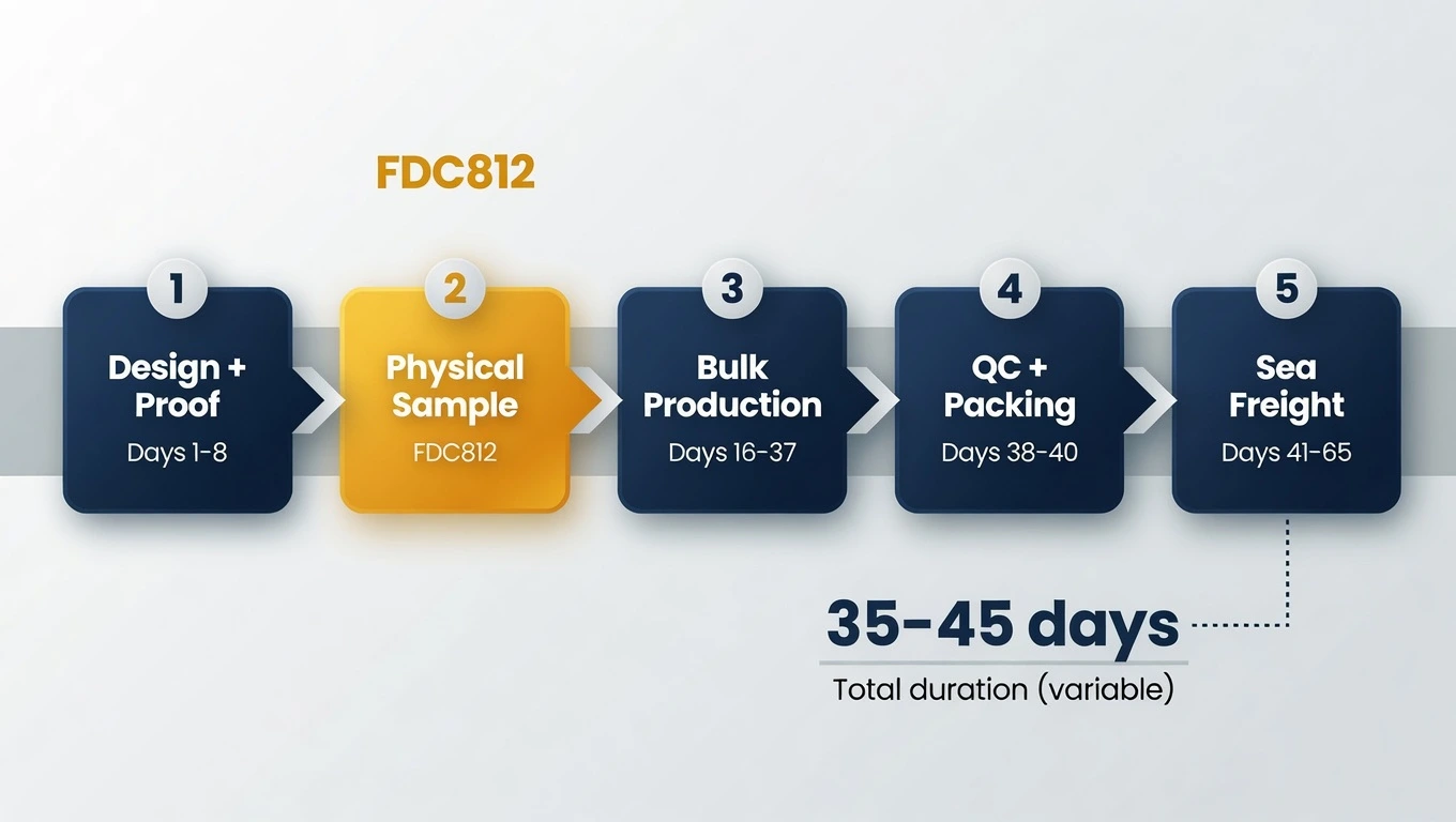 Clean horizontal timeline infographic showing the five key stages of a wholesale pilates grip sock order from design submission through physical sample to bulk production and sea freight delivery, with day-count labels for each stage