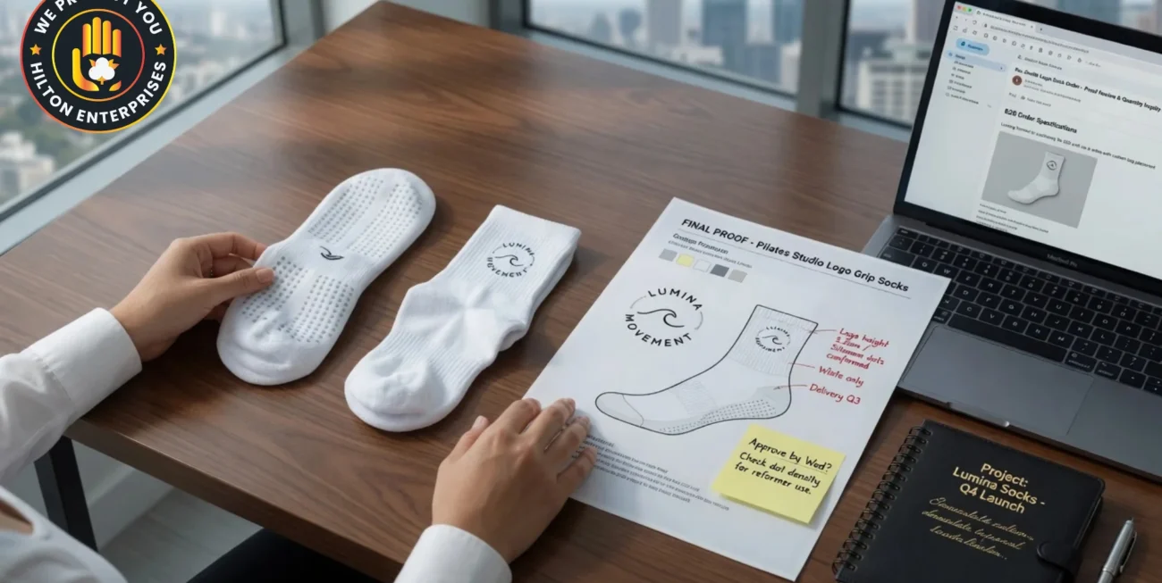 A studio owner sitting at a clean modern desk reviewing a wholesale grip sock sample alongside an open laptop showing a bulk order inquiry, with branded white pilates grip socks and a design proof visible on the desk