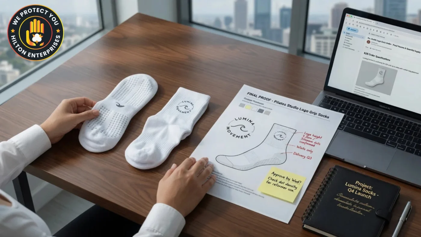 A studio owner sitting at a clean modern desk reviewing a wholesale grip sock sample alongside an open laptop showing a bulk order inquiry, with branded white pilates grip socks and a design proof visible on the desk