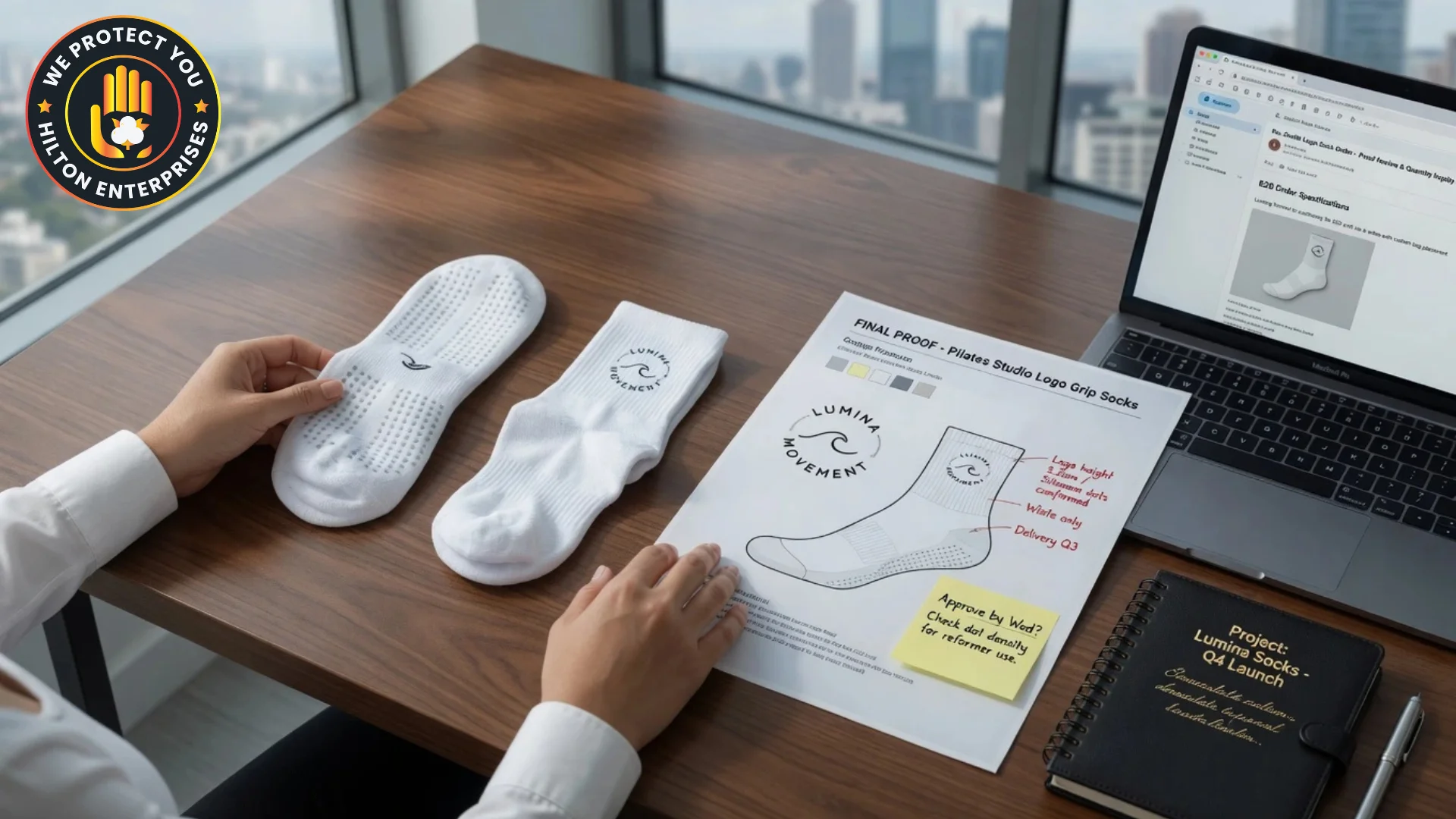A studio owner sitting at a clean modern desk reviewing a wholesale grip sock sample alongside an open laptop showing a bulk order inquiry, with branded white pilates grip socks and a design proof visible on the desk