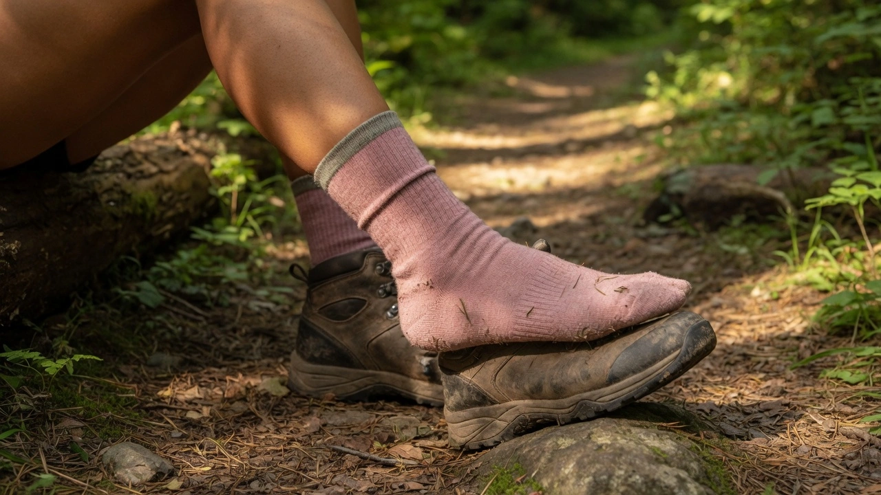 Women hiker's lower legs in hiking boots wearing lightweight merino crew hiking socks on a rocky summer mountain trail with warm sun and open landscape in background