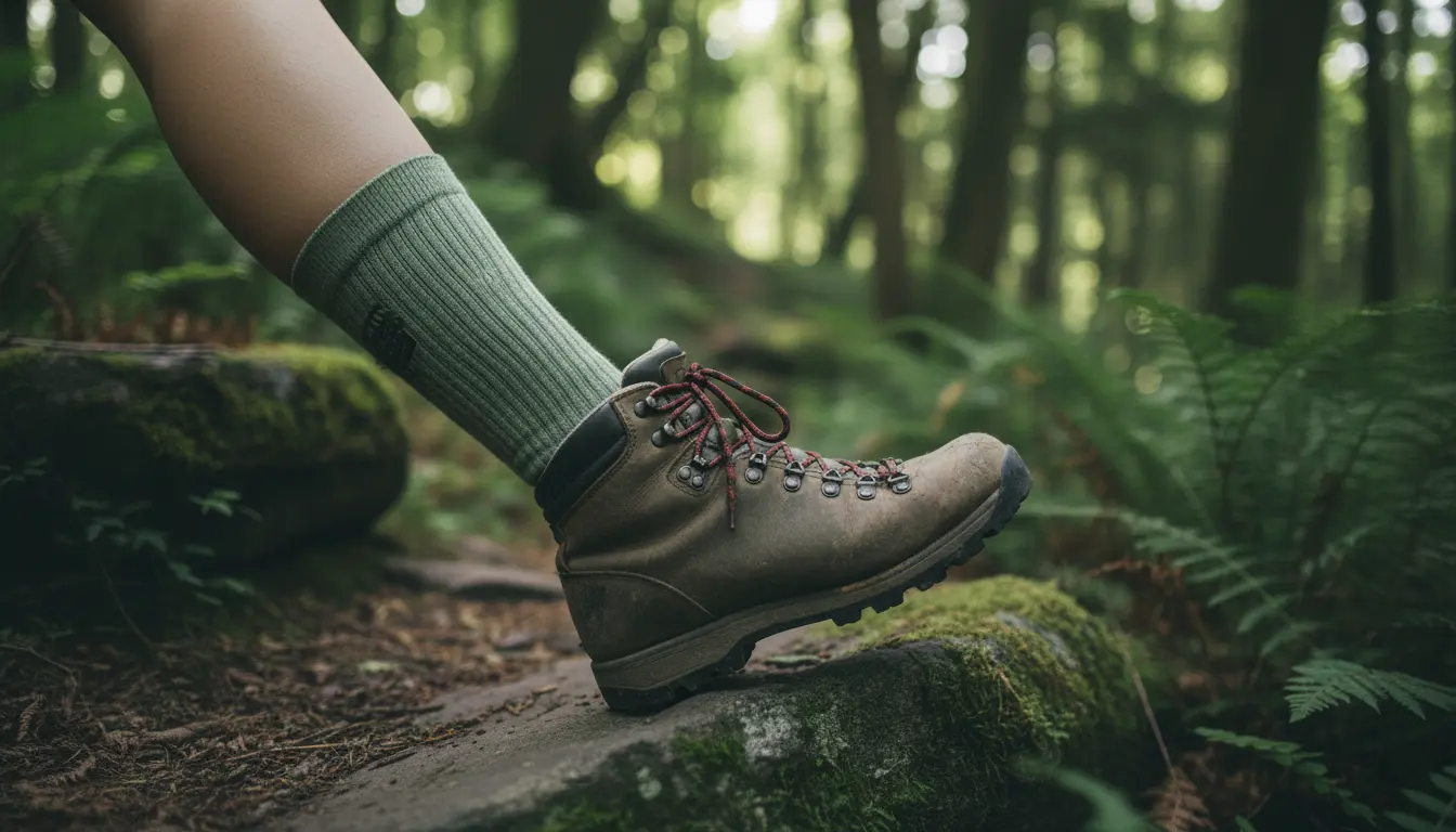 Woman hiker's lower leg with one boot resting on a rock on a shaded forest summer trail wearing a lightweight sage green merino crew hiking sock in dappled light