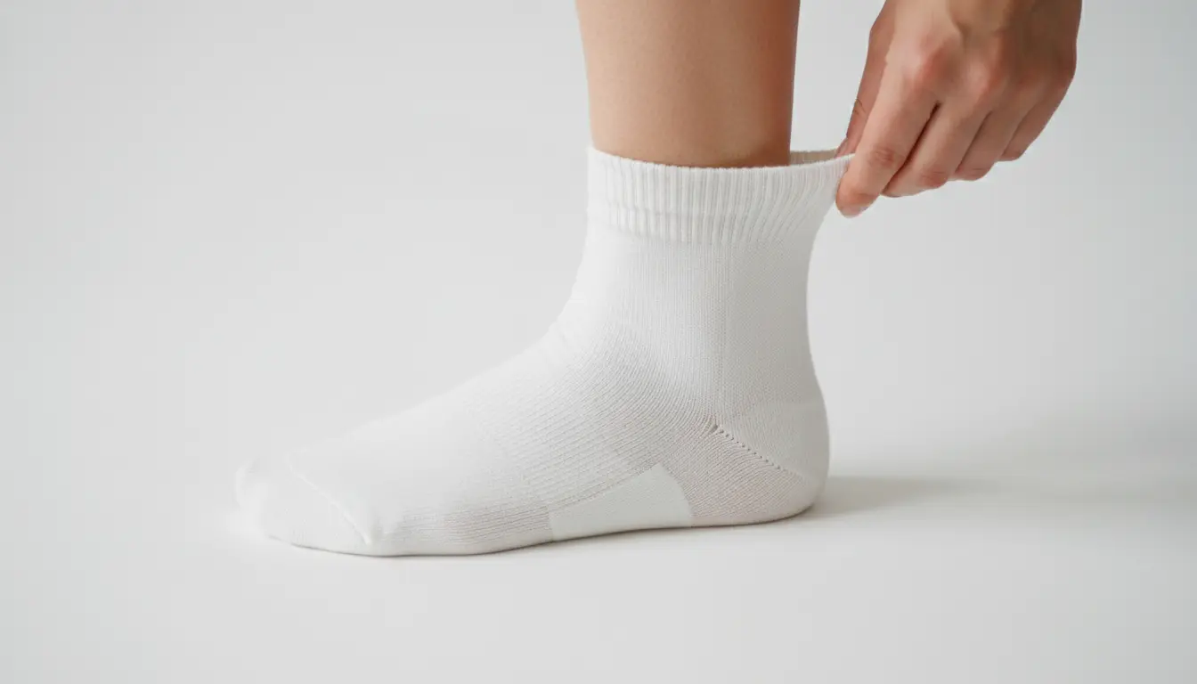 Close-up of women's foot being fitted with a well-constructed summer sock showing the heel cup arch band and toe seam construction detail on a clean white surface
