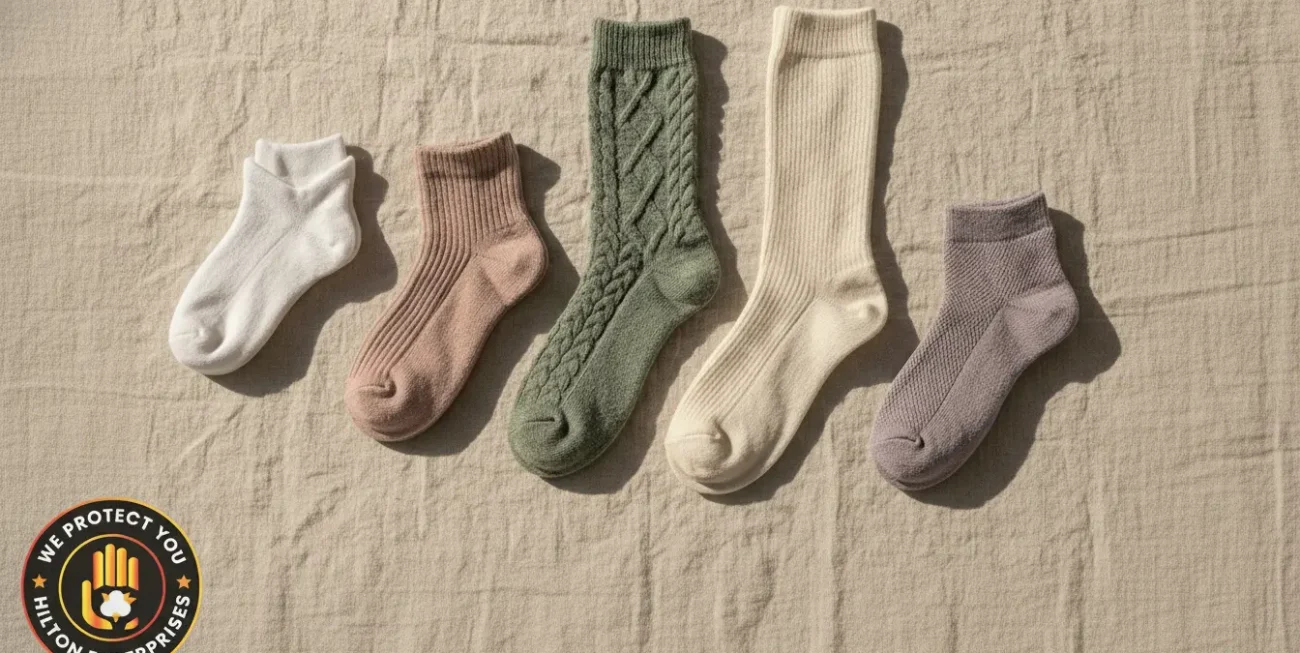 Flat lay of women's summer socks in different styles including compression knee-high crew ankle and no-show cuts in soft neutral and pastel tones on a clean linen surface