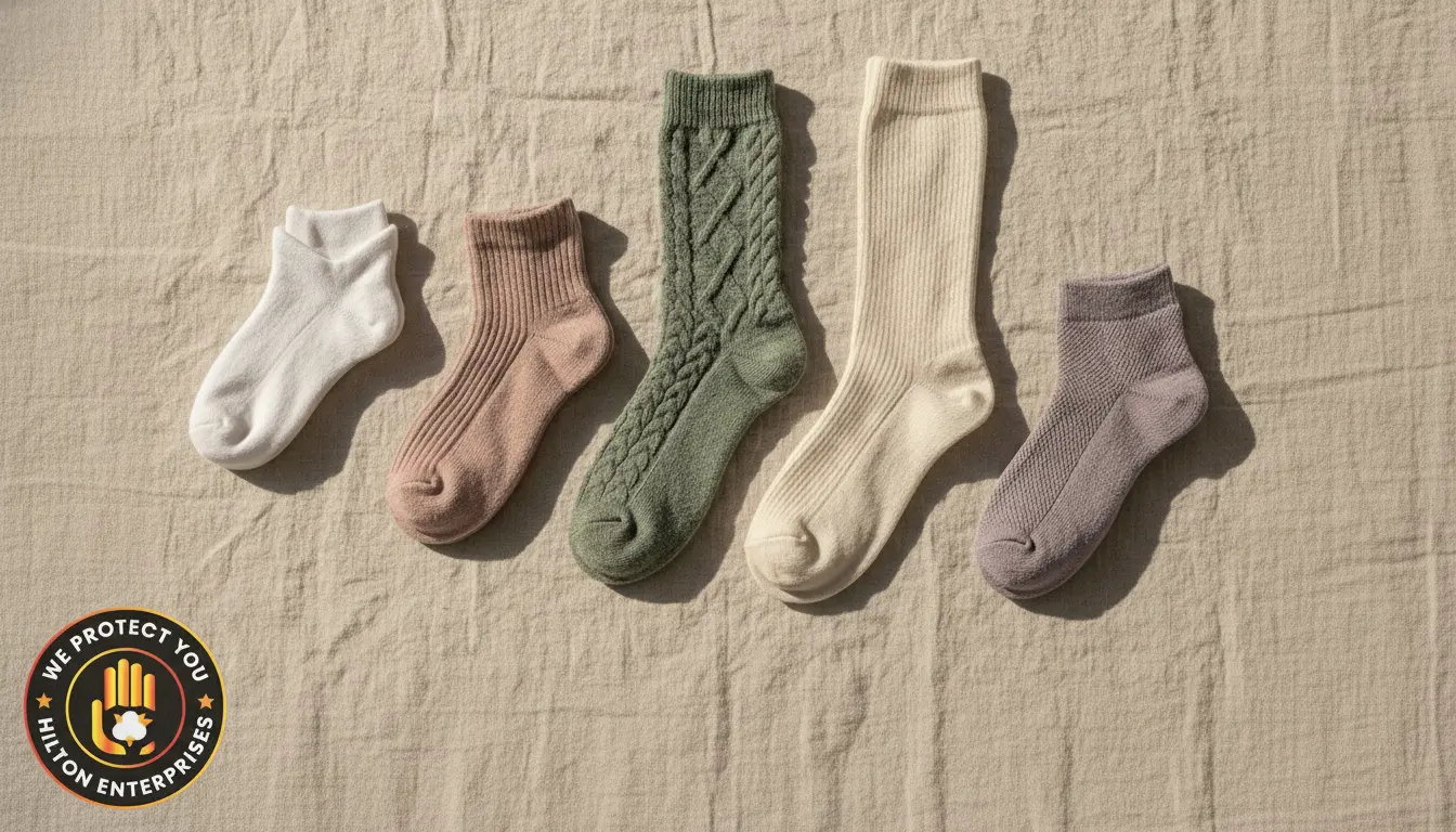Flat lay of women's summer socks in different styles including compression knee-high crew ankle and no-show cuts in soft neutral and pastel tones on a clean linen surface