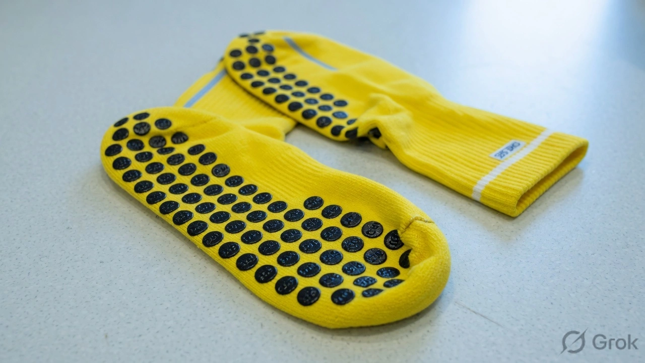 Bright yellow hospital grip socks with rubber non-slip grip dots on sole, commonly used as fall risk indicator, clean clinical floor surface
