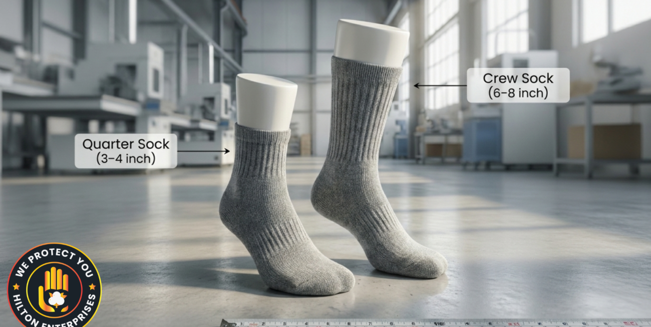 Side-by-side comparison of a crew sock and a quarter sock showing the height difference above the ankle