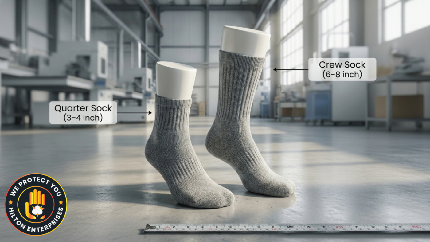 Side-by-side comparison of a crew sock and a quarter sock showing the height difference above the ankle