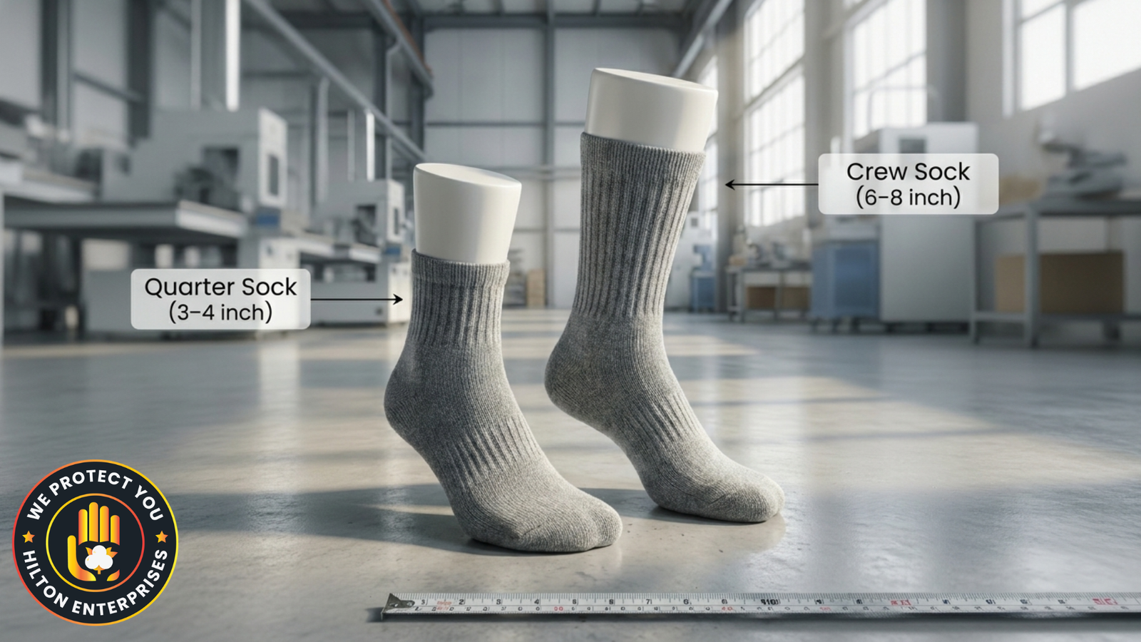 Side-by-side comparison of a crew sock and a quarter sock showing the height difference above the ankle