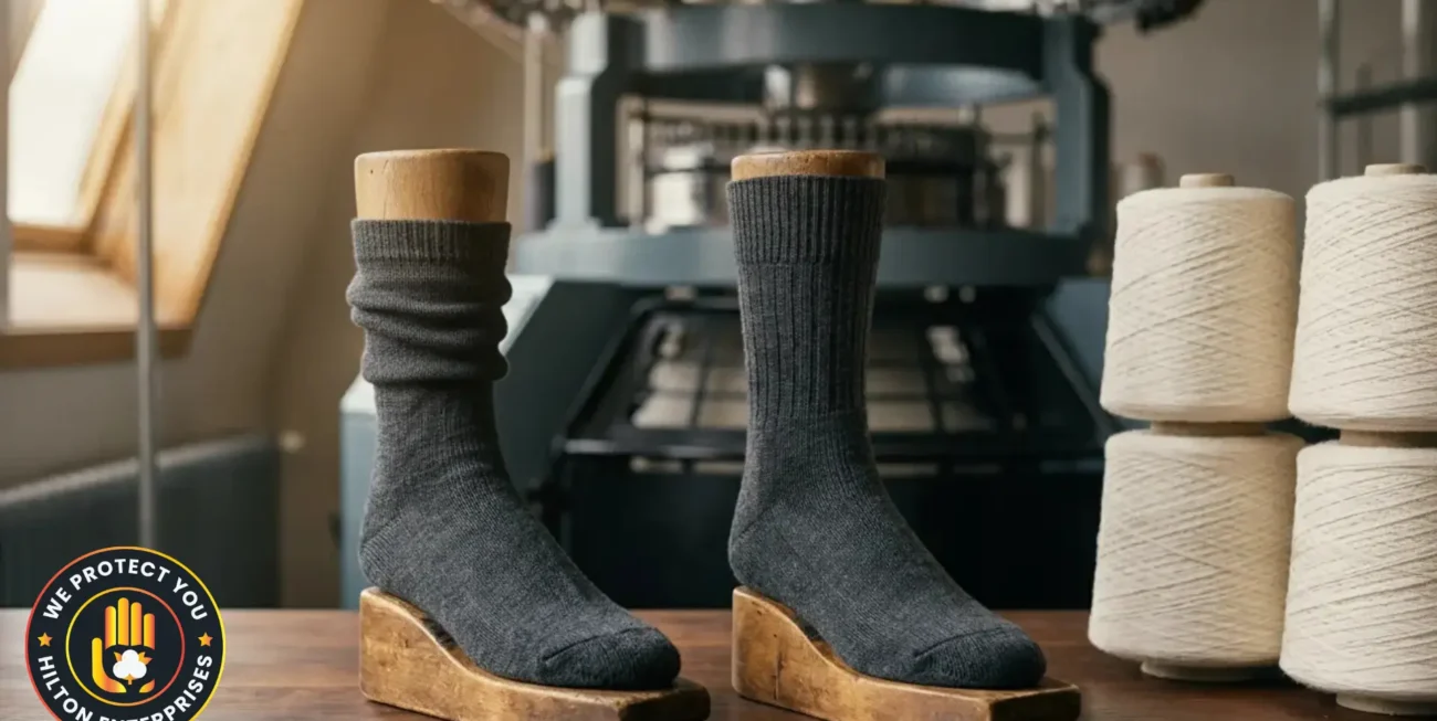 A diabetic sock with a loose non-binding top-band next to a compression sock with a tighter structured cuff