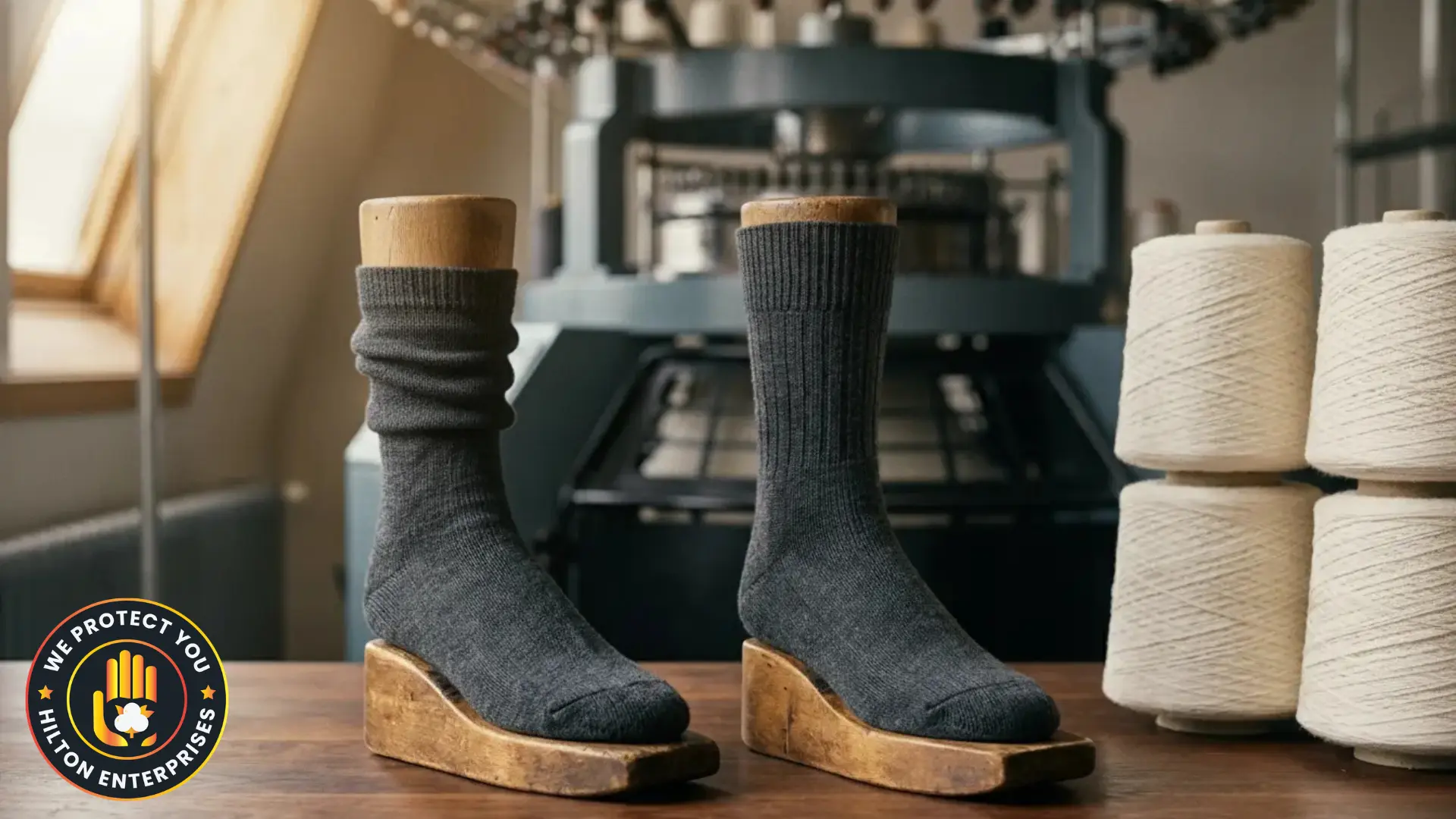 A diabetic sock with a loose non-binding top-band next to a compression sock with a tighter structured cuff