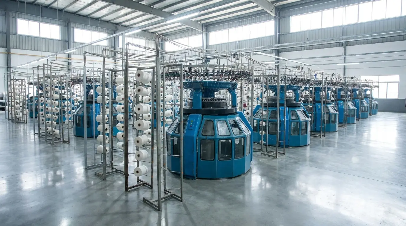 Wide interior photograph of Hilton Enterprises' Faisalabad sock manufacturing facility showing rows of Italian Lonati circular knitting machines in operation, with yarn spools and finished socks visible in a clean professionally-lit industrial environment