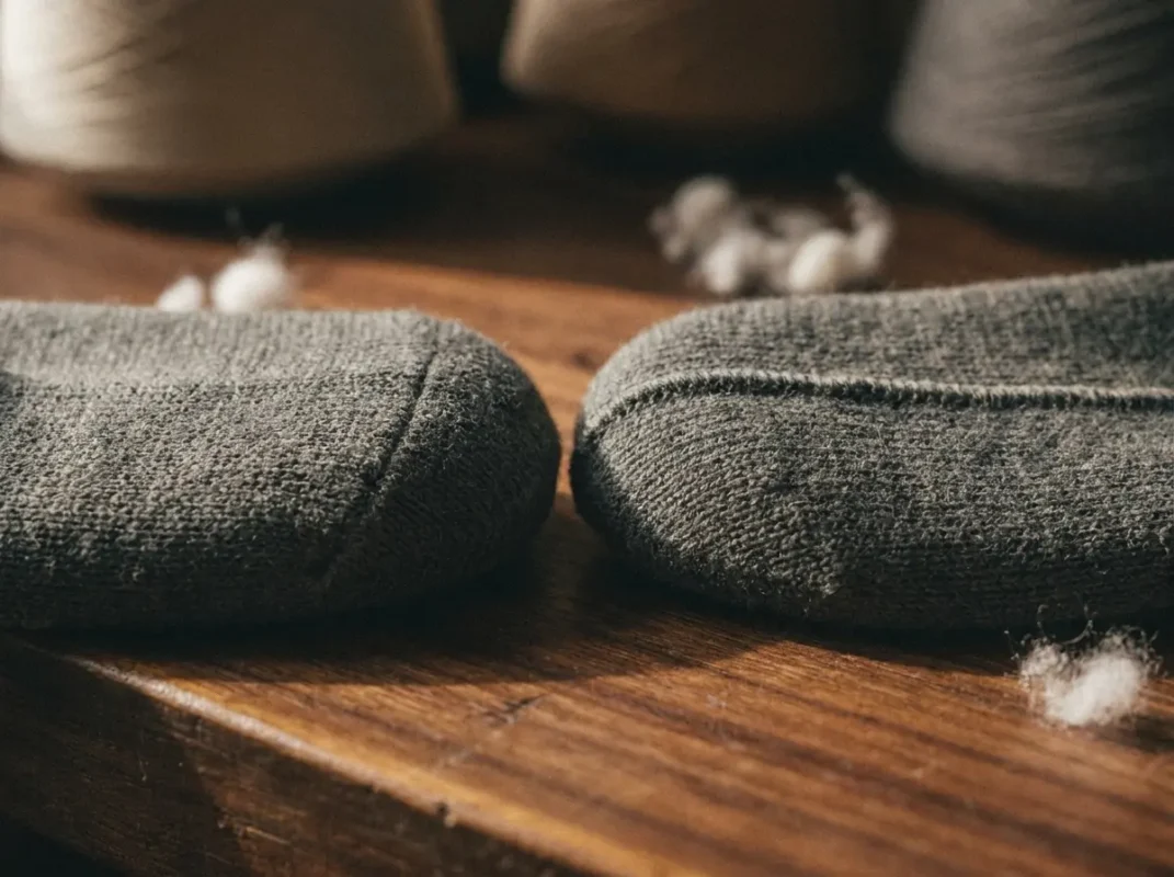 Close-up comparing a flat linked toe seam to a raised overlock toe seam on two socks