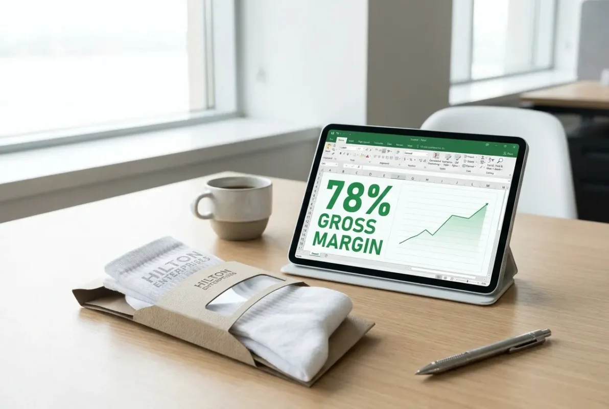 Clean retail shelf display showing branded private label socks in custom packaging with a price tag visible, alongside a small calculator and cost notes on a desk, visualising the margin between manufacturing cost and retail price