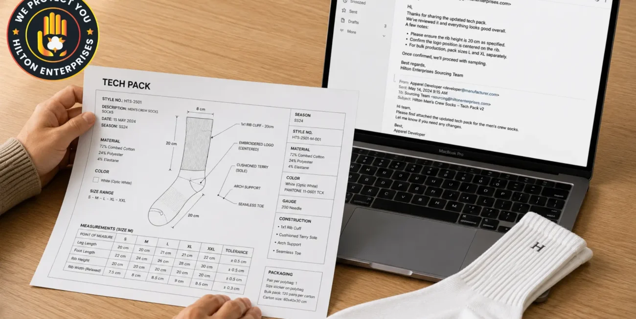 A brand founder sitting at a minimal clean desk reviewing a private label white sock sample alongside a tech pack specification sheet and an open laptop, representing the private label sock launch process