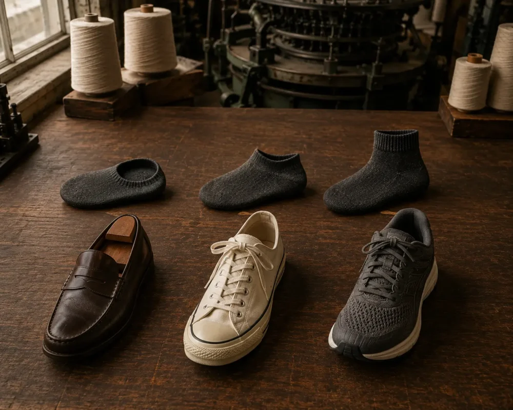 Comparison of no-show, low-cut, and ankle sock visibility with loafers, sneakers, and running shoes