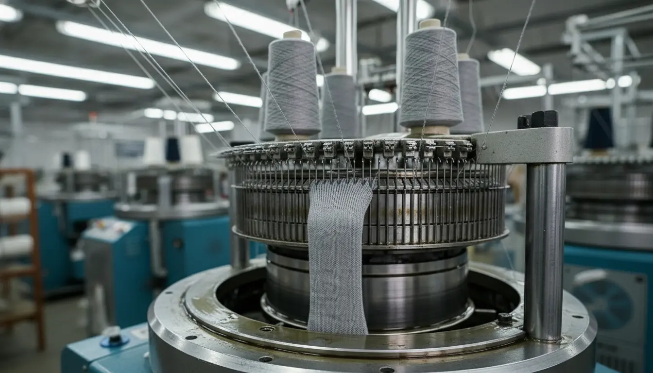 Circular knitting machine forming the leg section of a sock, showing the knitting process behind sock length differences