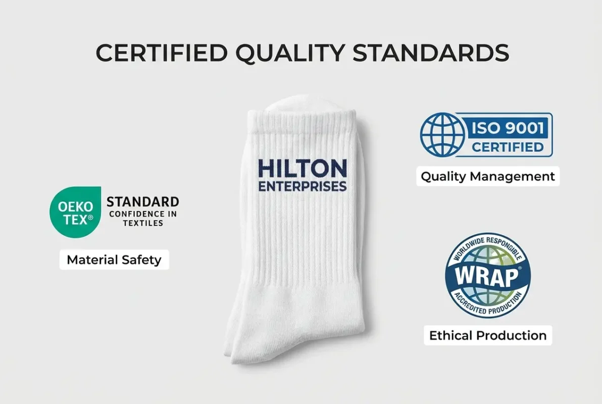 OEKO-TEX Standard 100, ISO 9001, WRAP — the baseline certifications to verify before committing to any private label sock manufacturer. Ask for documentation before placing a sample order.