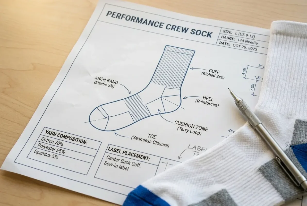 Close-up overhead view of a detailed sock tech pack specification sheet showing construction diagrams, yarn composition notes, cushion zone placement markings, and label placement alongside a prototype sock sample
