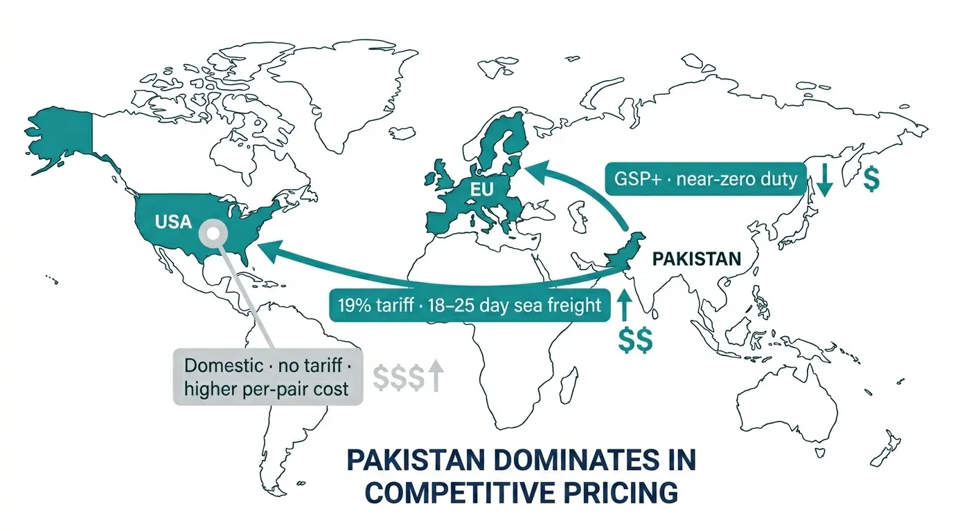 Clean flat-design illustration showing a simplified world map with supply chain routes from Pakistan to USA and EU markets, with cost comparison indicators showing lower per-pair cost from Pakistan versus domestic USA manufacturing