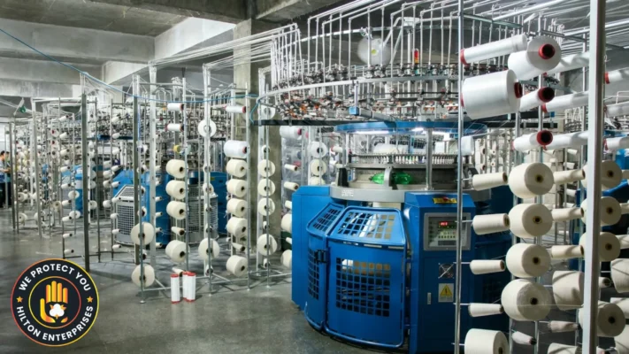 Private label socks manufacturer factory floor with circular knitting machines