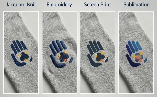 Jacquard knit and embroidered logo branding methods on custom socks