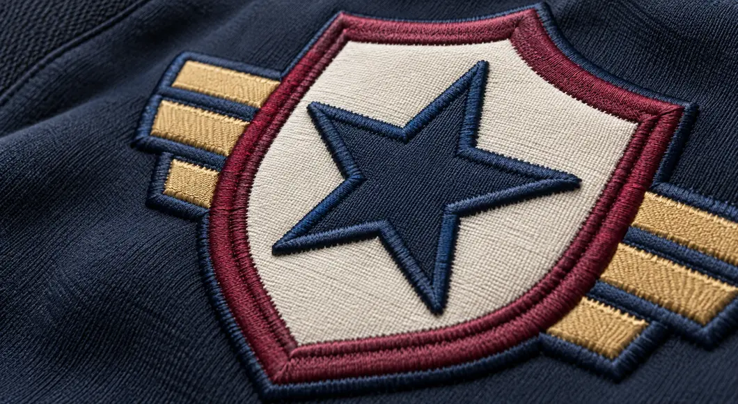 Custom applique embroidery — sports crest on jacket, Hilton Enterprises