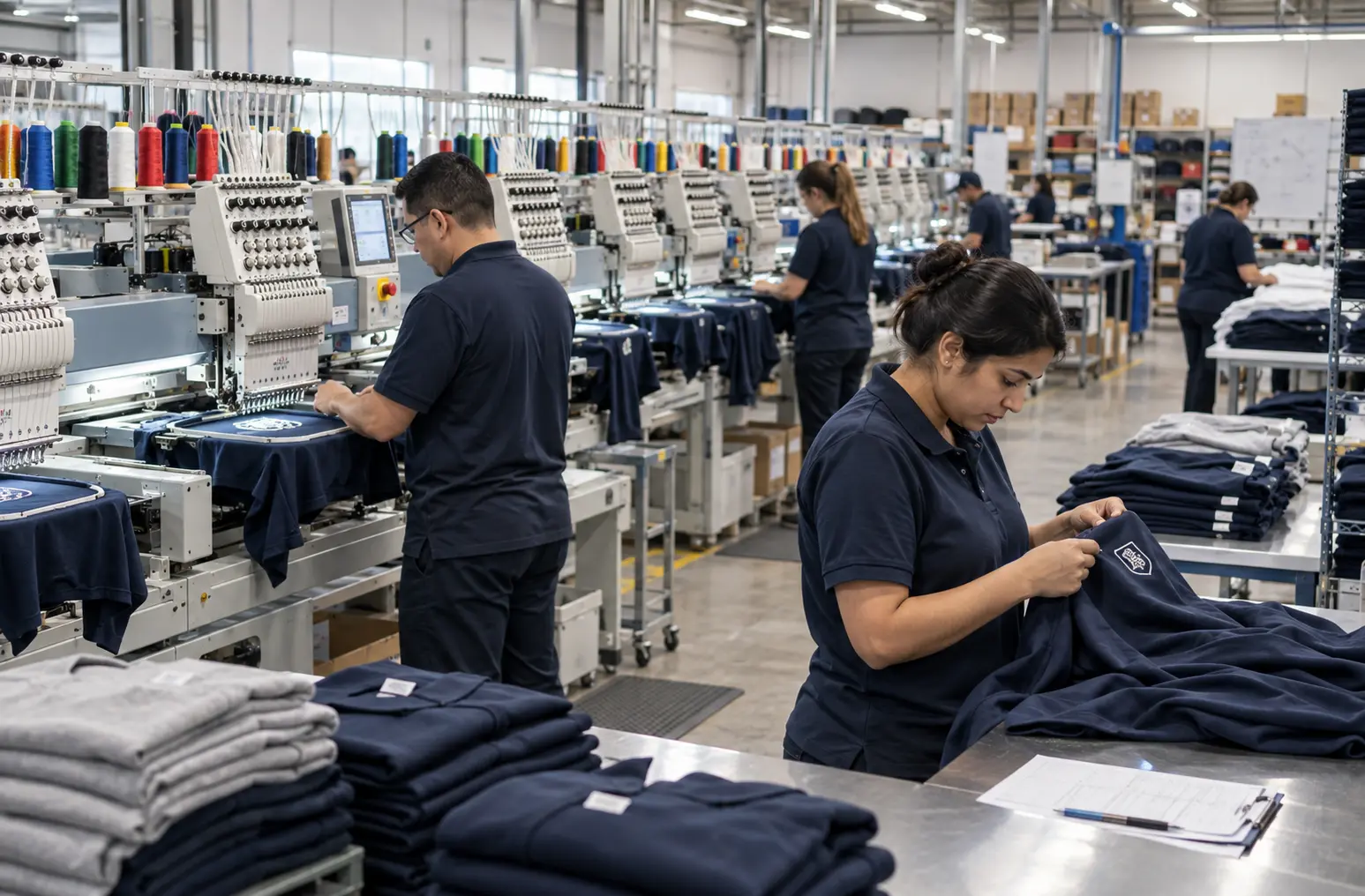 Hilton Enterprises embroidery and printing production facility — trusted by USA, Canada, Europe, and Gulf brands